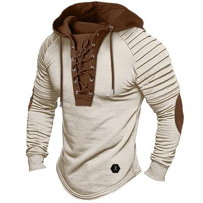 Men's Solid Color Hoodie T-shirt Top Pleated Lace Up Street Style Long-sleeved Sweatshirt