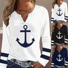 Damen V-Ausschnitt Langarm Locker Geschnittenes T-Shirt Lässig Ankerprint Übergroßer Pullover Top