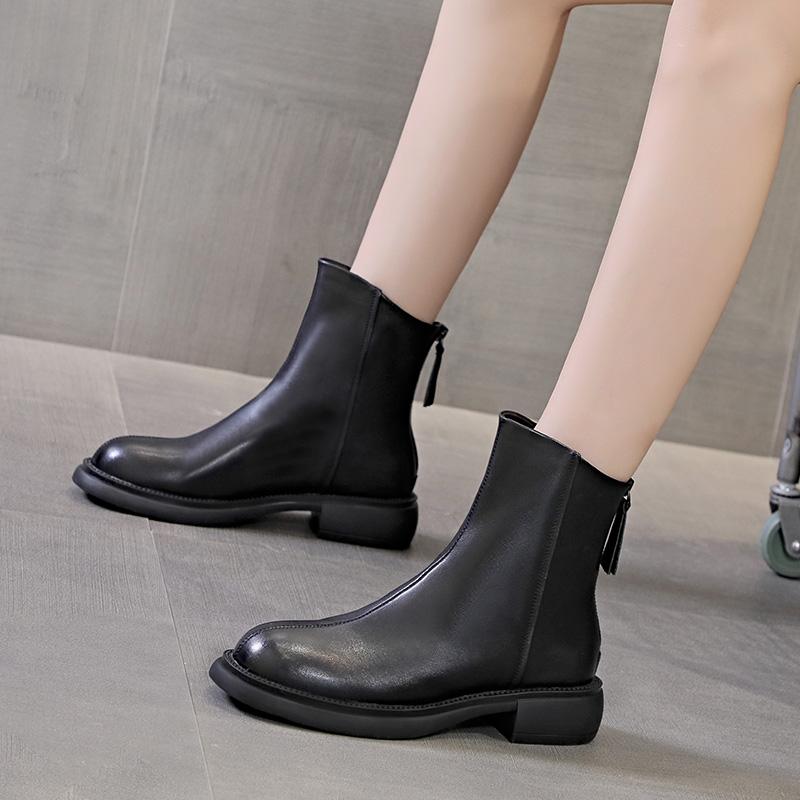 Mode Damen Winterstiefel 2025 Neue Stiefeletten Damenmode Britisch Retro Damen Kurze Stiefel Reißverschluss hinten Echtleder Stiefel Damen