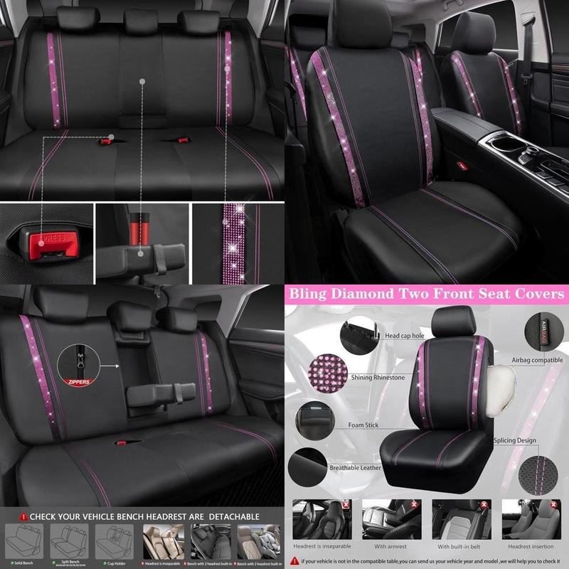 Glittering Rhinestone Waterproof Faux Leather Car Seat Covers, Universal Fit, Zippered Rear, for Women & Girls, Black Pink