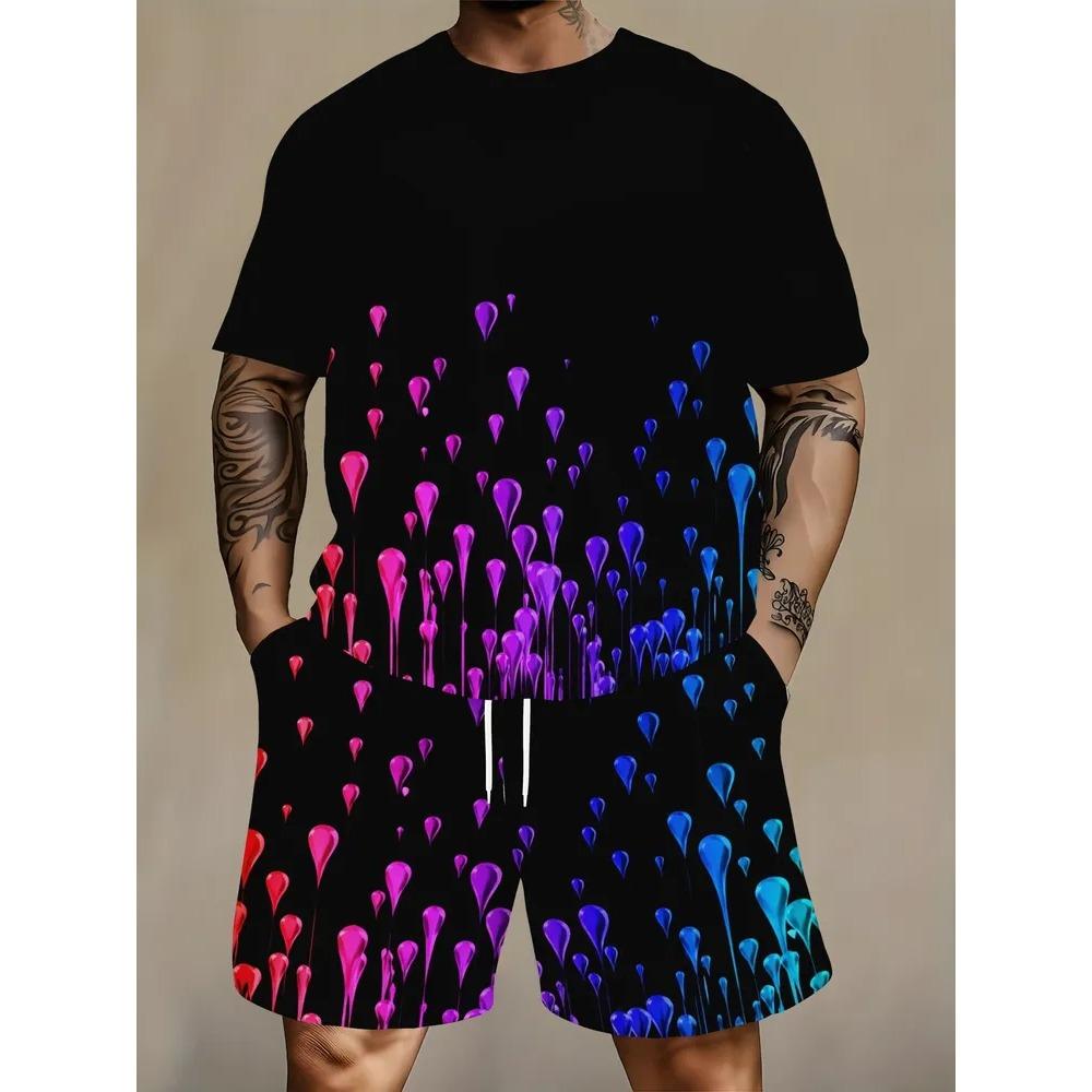 Summer Men's Fun Colorful Creativity 3D Printing Casual Sports Round Neck Short Sleeved Set Fashionable Comfortable Breathable Large Size Sports Wear