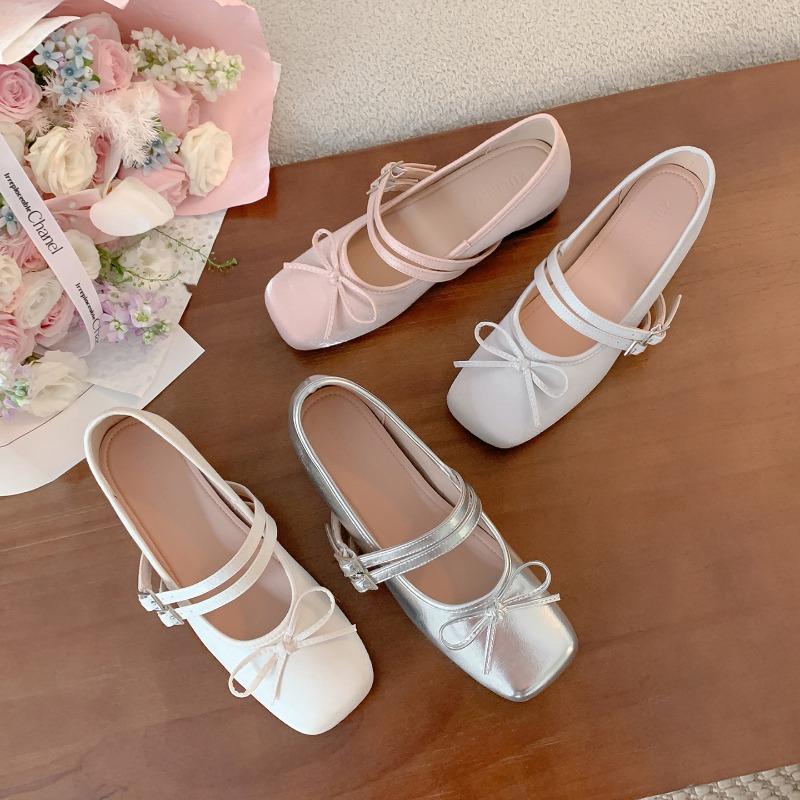 5 inner height increase silver single shoes women's autumn new square head bow light mouth summer word belt Mary Jane