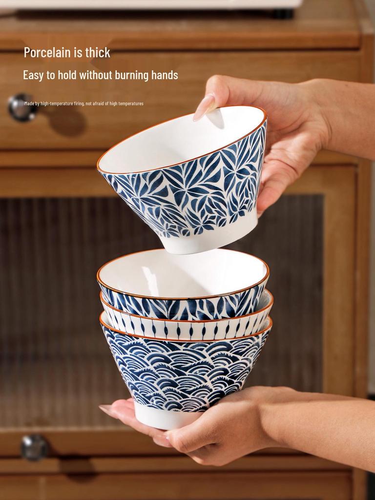 Set of 8 Japanese-Style 5-Inch Ceramic Rice Bowls for 2025, High-Footed Conical Hat Design for Home Use.