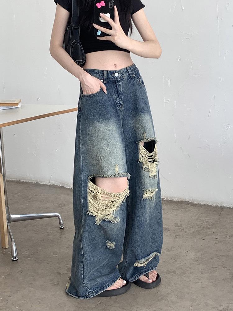 Women's High Waist Retro Wide Leg Ripped Jeans - Summer Floor-Length