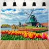 2D Dutch Windmill Tulip Scene Wall Tapestry, Spring Holland Countryside Backdrop for Living Room
