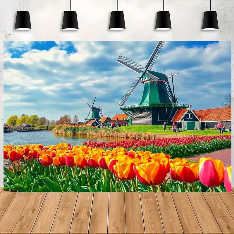 

2D Dutch Windmill Tulip Scene Wall Tapestry, Spring Holland Countryside Backdrop for Living Room 47.2x31.5inch/120*80cm