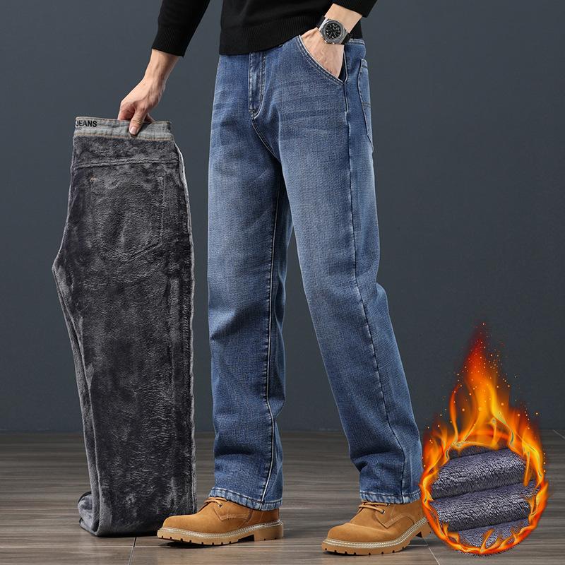 Winter Fleece Warm Herren Jeans Klassisch Locker Gerade Plüsch Denim Hose Verdickt Mode Stretch Lässig Thermohose