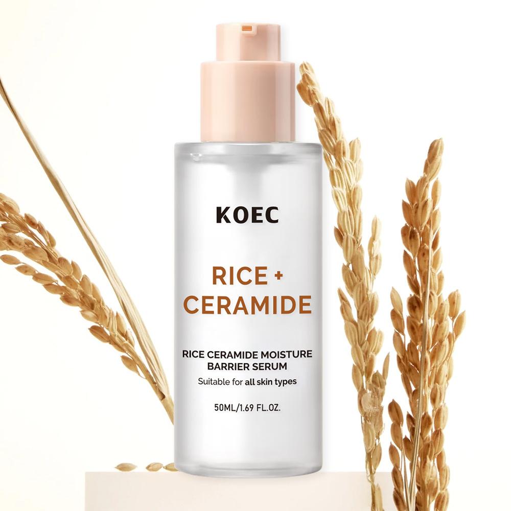 Set Viso KOEC Ceramide di Riso 4 Pezzi: Acqua di Riso+Essenza+Crema Idratante+Polvere Detergente, Idratante, Illuminante & Riparatrice