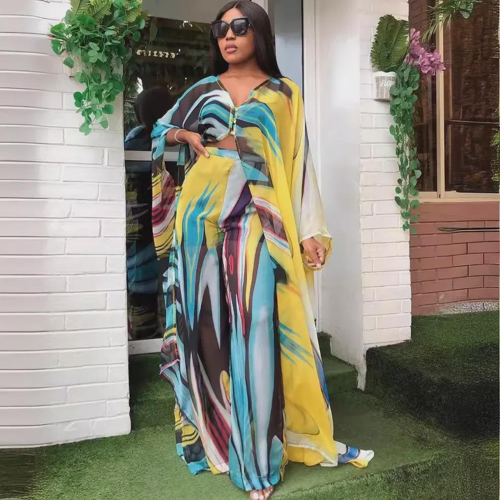 Set burky a volných kalhot z šifonu s digitálním potiskem pro africké ženy