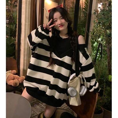 Loose Striped Off-shoulder Versatile Top Lazy Style Fake Two Sweatshirts