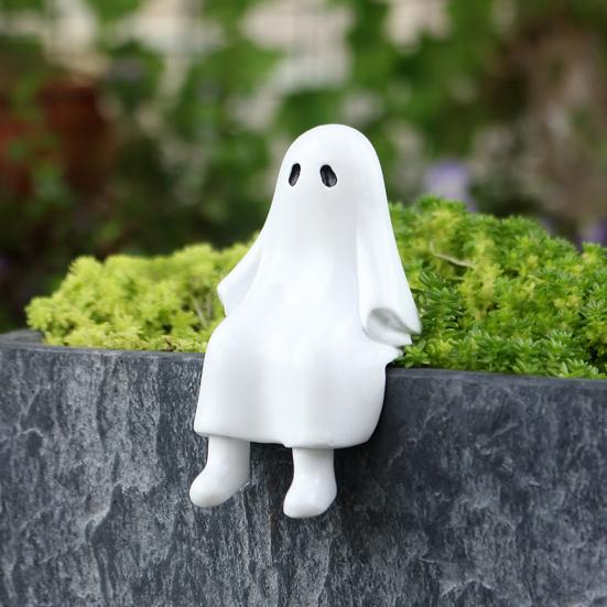 Sitting Ghost Figurine Halloween Ghost Statue Resin Desk Ghost Ornament for Indoor Planter Bookshelf Cabinet Decoration