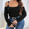 Casual Solid Color Pullover Women's Cold Shoulder Ruffle Sleeves T-Shirt Elastic Waist Tight Crop Top Double Lined Shirt Tops Basic Soft Tee