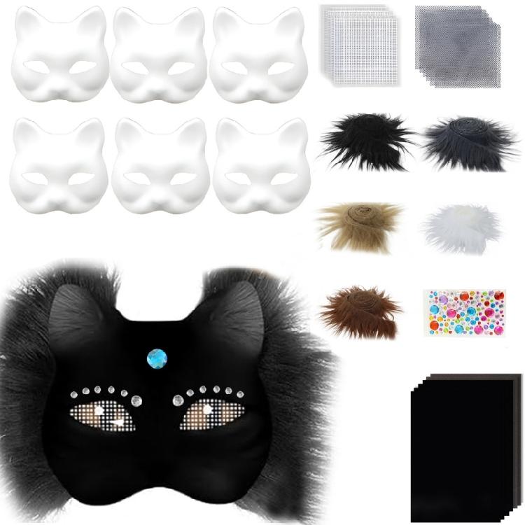 6Pieces White Cats Face Mask Unpainted Masquerades Mask for Halloween Includes Furry Trim Eye Mesh Felted Cloth Sticker