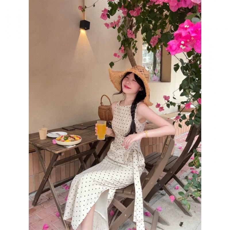 French Apricot Polka Dot Split Vest Dress Women's Summer Waist Strap-up Skirt Slim-fitting and Thin A-word Long Dress