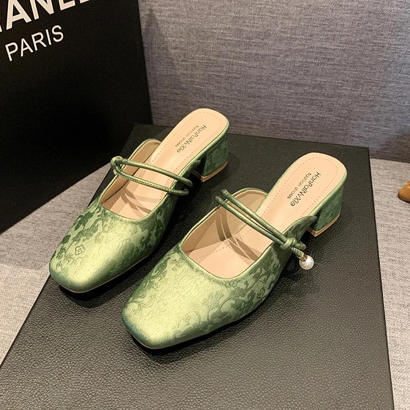 Baotou Half Slippers Female Summer Outdoor Slides Square Toe Chunky Heel High Heels Sandals Mule Slippers Pearl Decor Dress Shoe