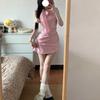 ZY pink plaid bow neck dress Spice girl irregular short skirt waist hip skirt