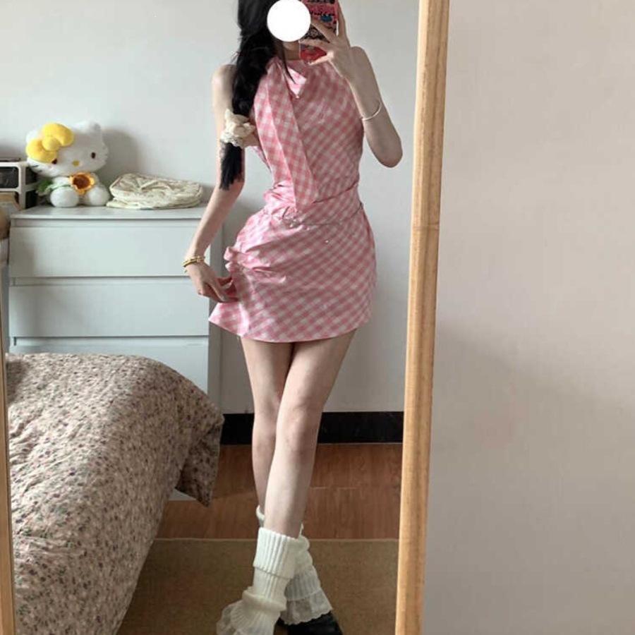 ZY pink plaid bow neck dress Spice girl irregular short skirt waist hip skirt