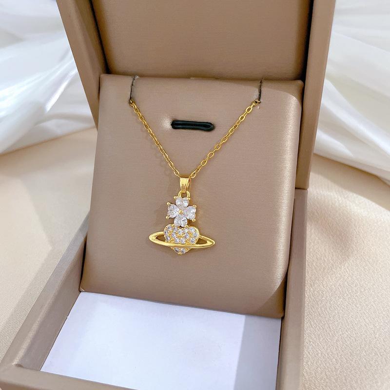 Flower Planet Light Luxury Temperament Gorgeous Full Diamond Necklace Women S Versatile Clavicle Chain Titanium Steel Chain