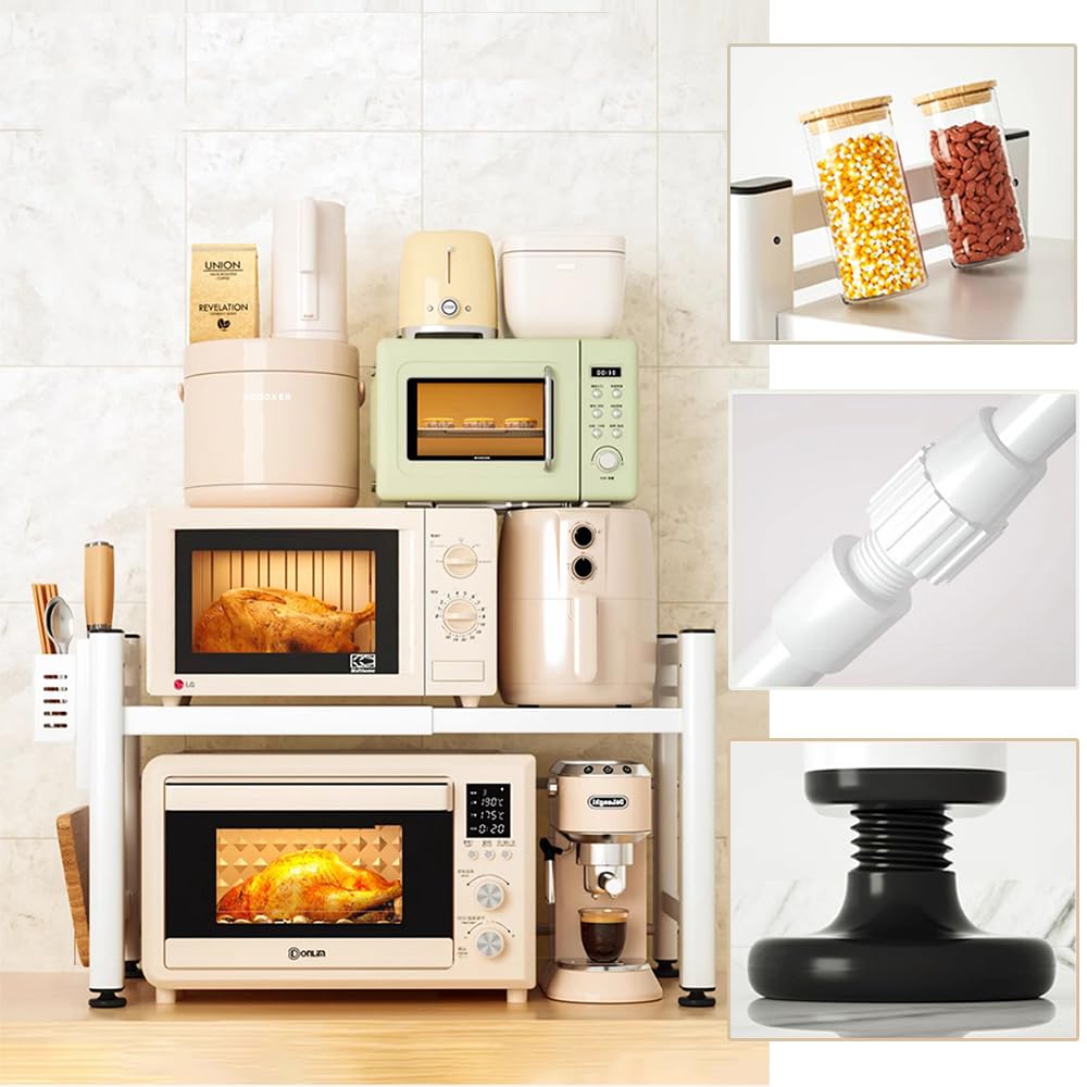Over-the-sink Kitchen Storage Rack, Toaster Rack, Microwave Stand, 40-60cm Wide, Extendable, with 6 Hooks (white)