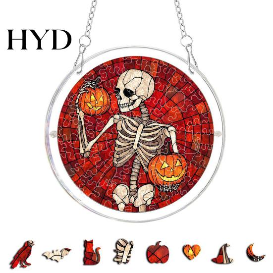 Ghost Themed Halloween Sign Acrylic Puzzle Decor, 2D Pumpkin Skeleton Hanging Sign, Faux Decoration Stained Glass Spooky for Party Home Stress Relief
