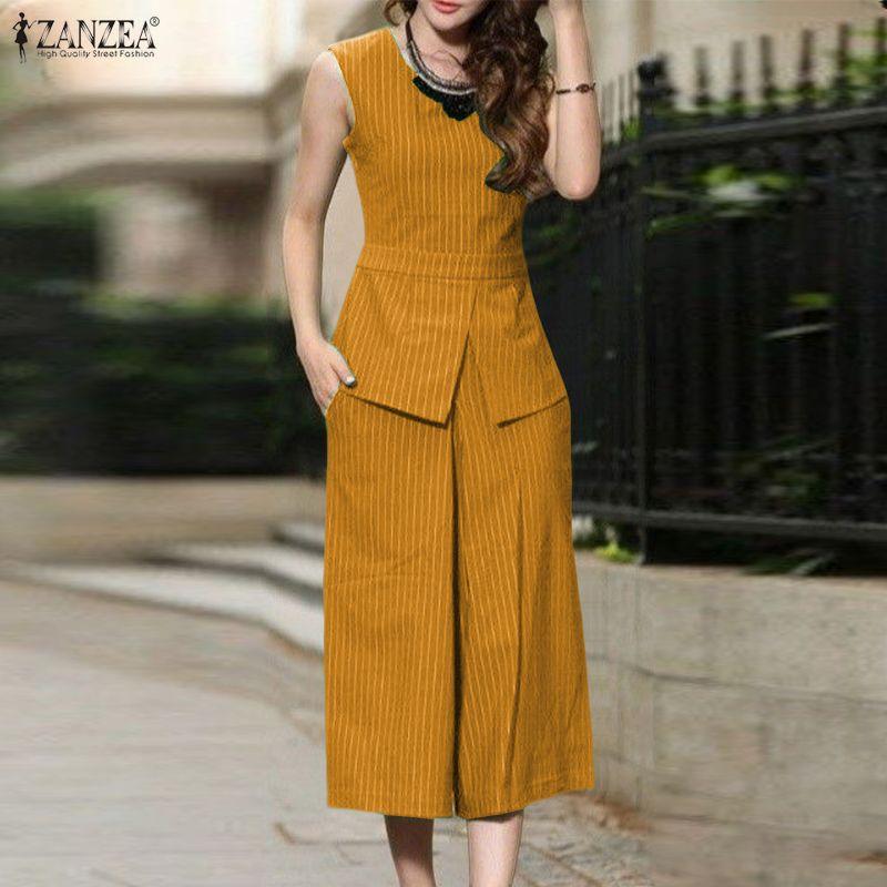 ZANZEA Women Sleeveless Vest Tops and Capris Pants Stripe Print Tow Piece Sets