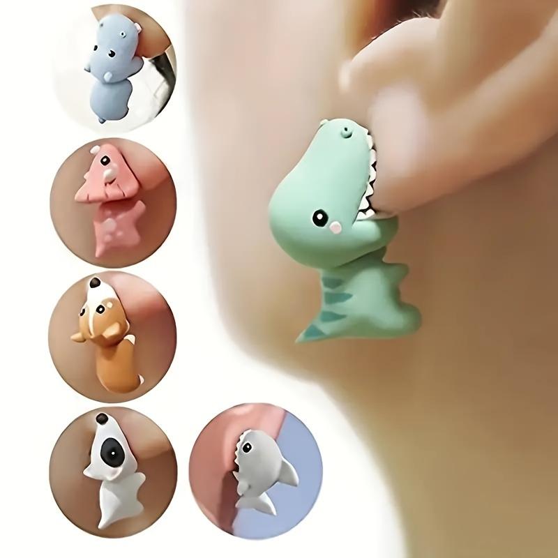 14pcs/7 Pairs, Cute Animal Earrings Set - Dinosaur, Puppy and Whale Designs - Fun Clay Bite Jewelry Gifts, Fun Gifts and Accessories