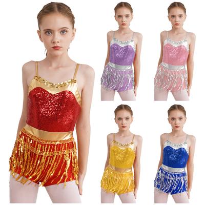 Kinder Mädchen Tanzbodysuit mit glänzenden Pailletten und Metallic-Effekt, verstellbare Träger, Paillettenfransen, Boyleg-Overall für Latin-Samba