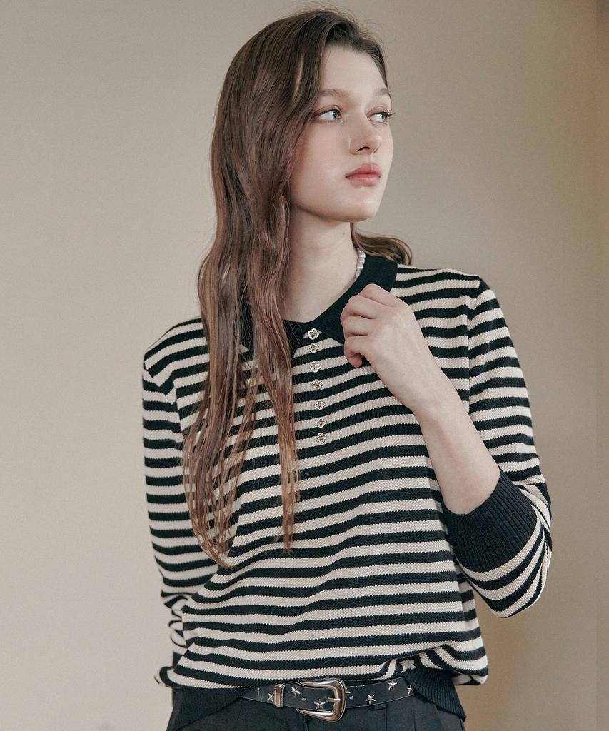 MAXZA Cubic Button Striped Open Collar Knit