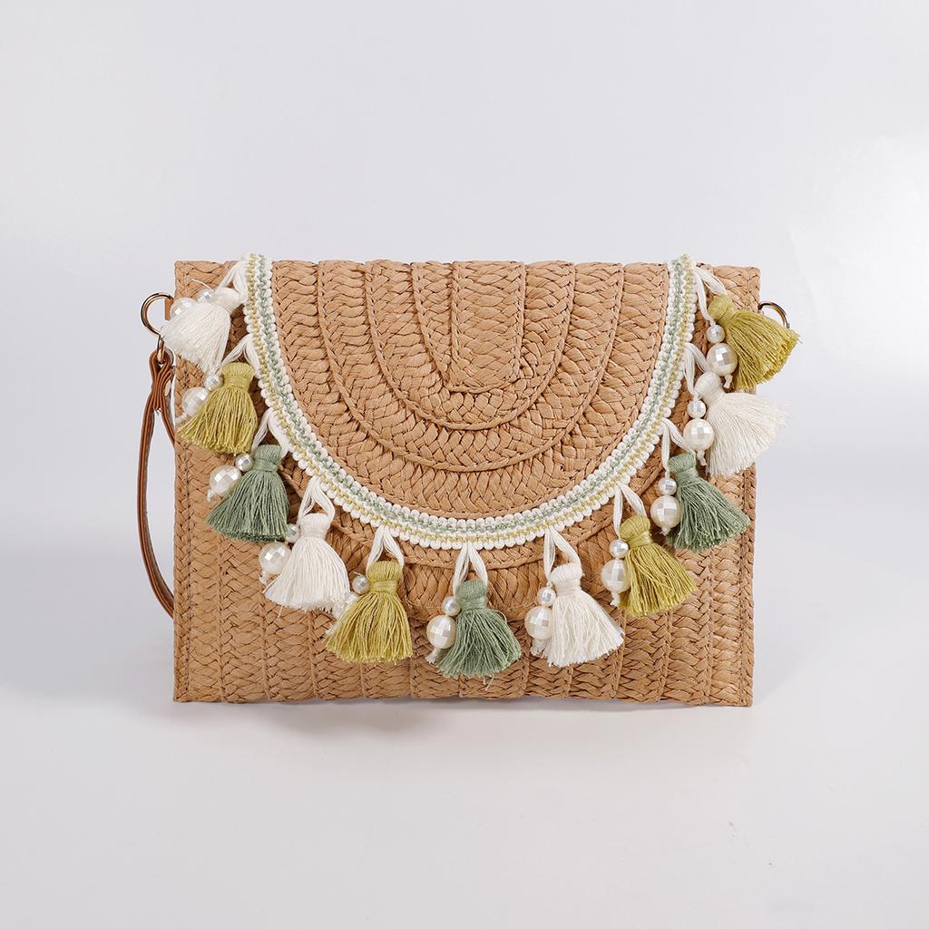 Neue Stroh Große Kapazität Clutch Umhängetasche Einzigartiges Umschlag Quasten Design Premium Handtasche Damen Tasche Umhängetasche