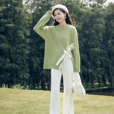 Bow Green Split-ended Sweater Women's Autumn and Winter Pullovers Loose Round Neck Knitted Sweater Top