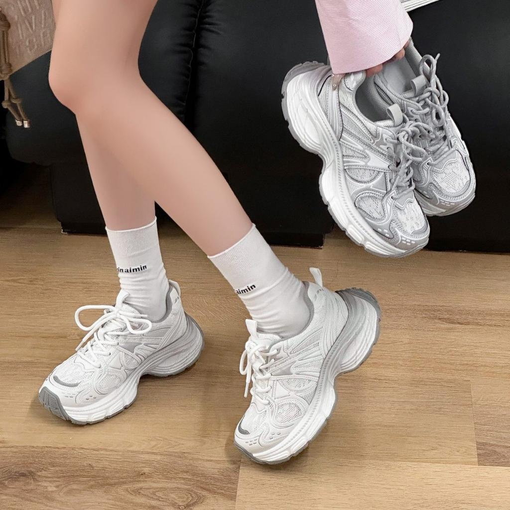 Leather platform dad shoes women's 2025 spring new versatile small height increase women's shoes running casual sports shoes