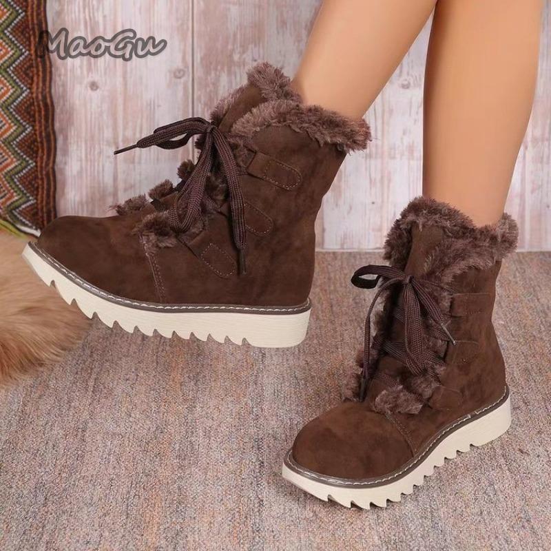 Fashion Snow Boots for Women Outwear 2025 New Fashionable Lace Up Flat Thick Bottom Velvet Snow Boots Anti-Slip Outdoor Mid Calf Botas
