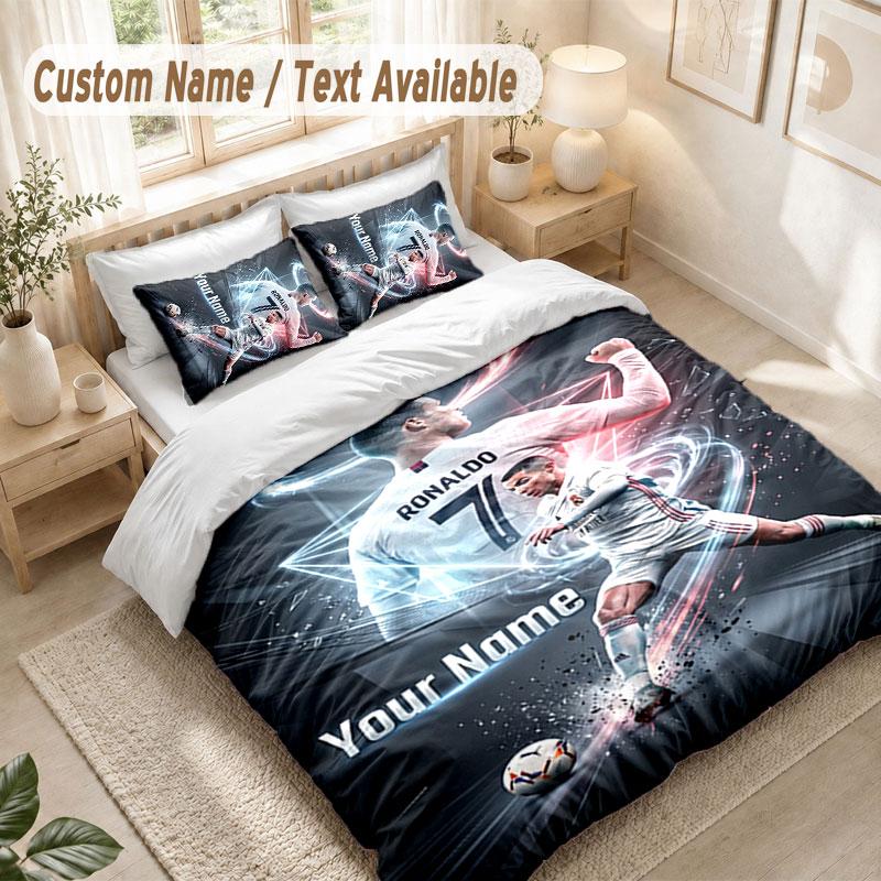Custom Name Bedding Set 3 PiecesCristiano Ronaldo Print Duvet Cover + 2 Pillowcases Soft Bed Decor