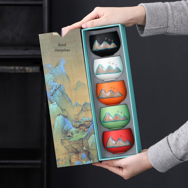 Guochao Hand-Painted Ten Thousand Li Rivers & Mountains Tea Set - Creative Gift Box with Tea Cups