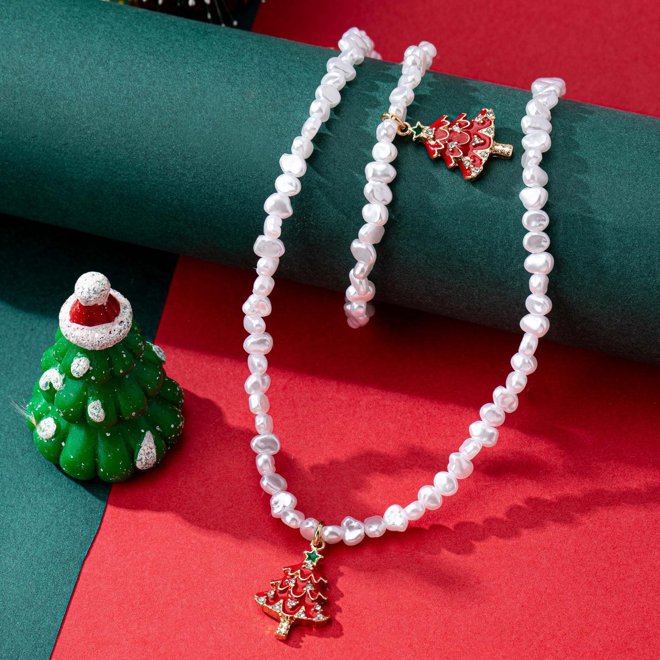 

2-Piece Women s Jewelry Set, Special-Shaped Pearl Necklace Bracelet, Red Christmas Tree Pendant, Festive Atmosphere Jewelry, Suitable for Christmas We бежевый
