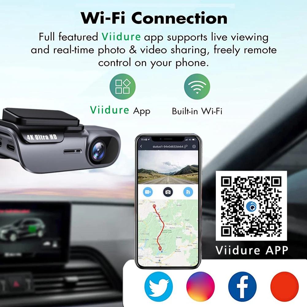4K Car Dash Camera with GPS Wi-Fi Dash Cam UHD Recording Video Recorder 24H Parking Monitor Driving Vehicle Cam 170° Wide Angle