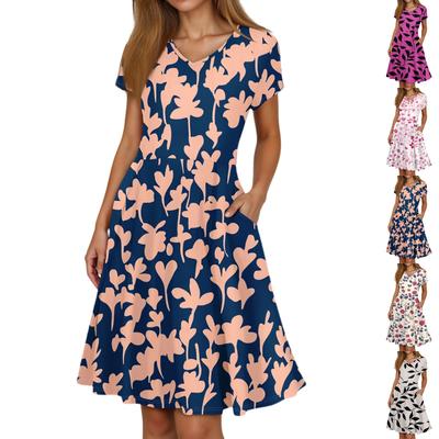 Ladies Summer Fashion Casual Floral Print V-Neck Short Sleeve Pocket Dress