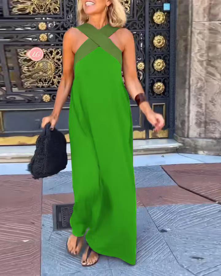 2026 Cross-Border European American Fashion Patchwork Strapless Halterneck Vacation Dress
