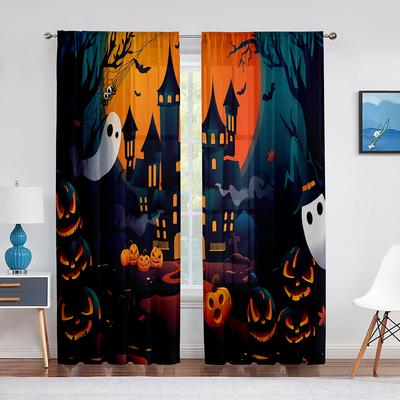 Cartoon Halloween Night Sheer Voile Curtain Horror Forest Castle Pumpkin Window Tulle Curtains for Living Room Bedroom Drapes