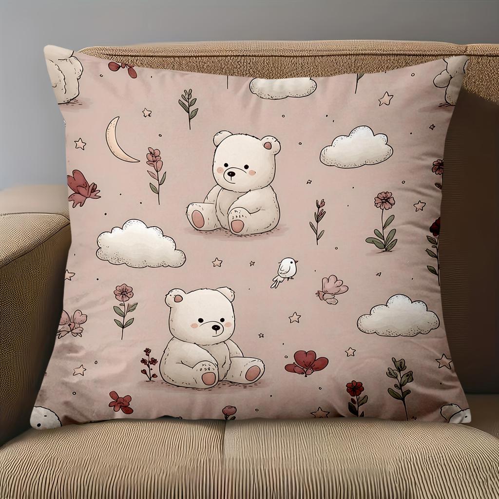 1 Pieces Cute Bear Cloud Flower Pattern Throw Pillow Polyester Pillowcase, Sofa Decorative Cushion Cov Headboard Pillow