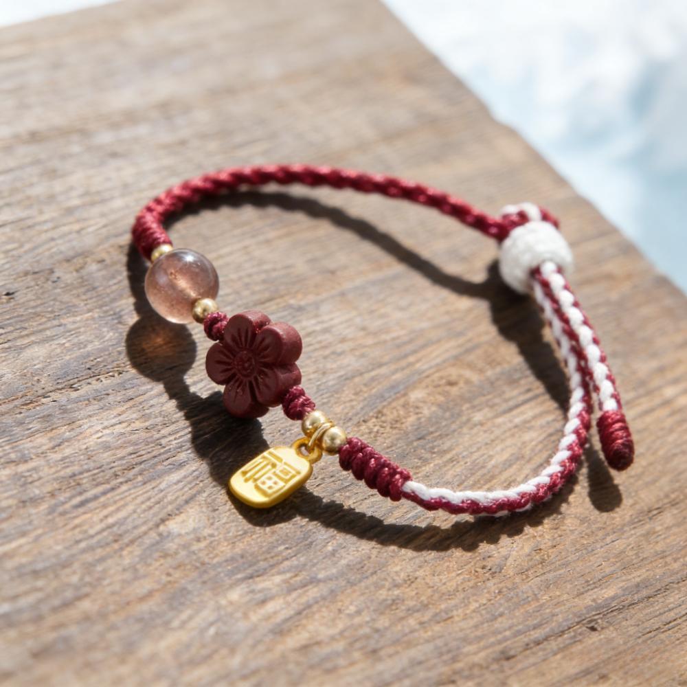 Fashion Hand-Woven Strawberry Quartz Bracelet Lucky Peach Blossom Red Rope Adjustable Ins Style Minority Design Gift Jewelry