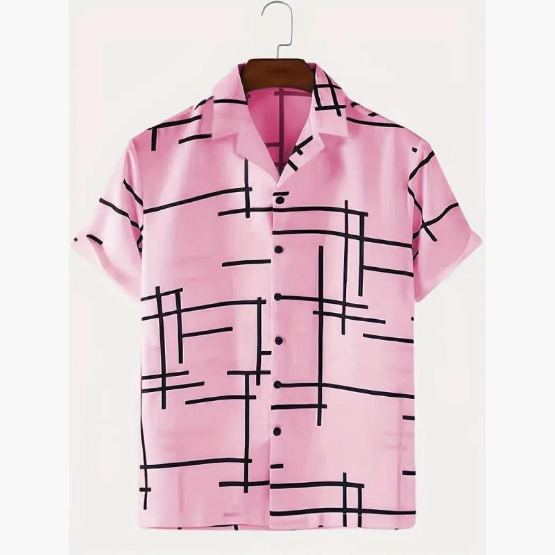 Herrsvart Abstrakt Linjetryck Kubansk Krage Kortärmad Sommar