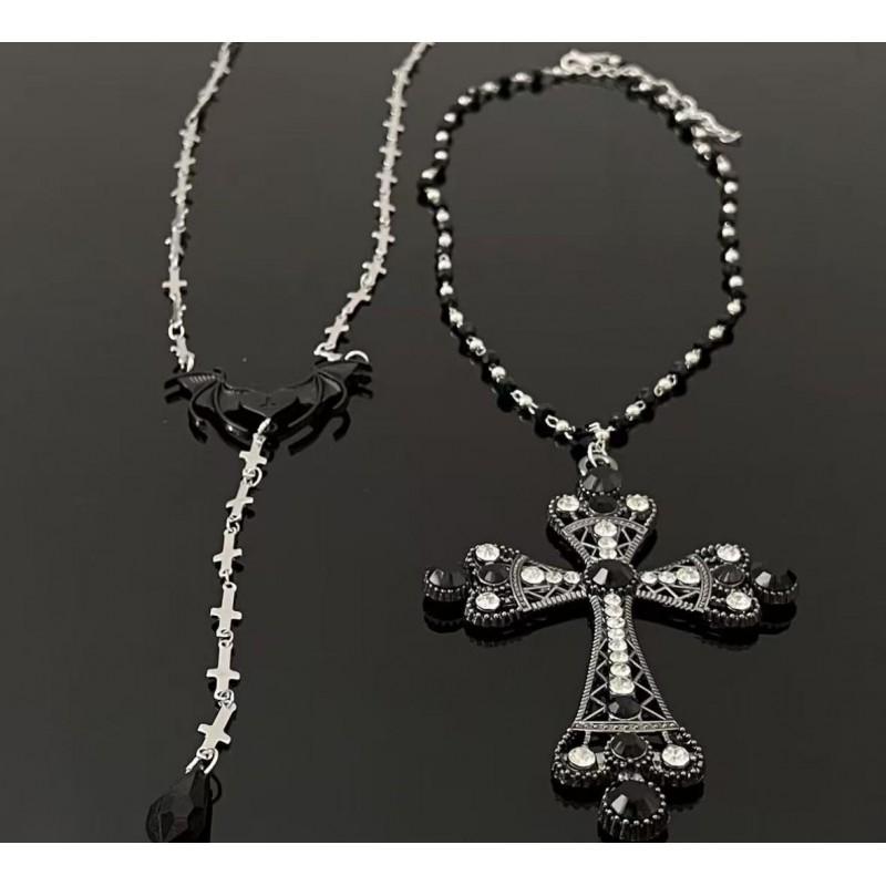 Double Layer Gothic Punk Cross Pendant Necklace Women Zinc Alloy Choker Chain Dark Aesthetic Layered Jewelry