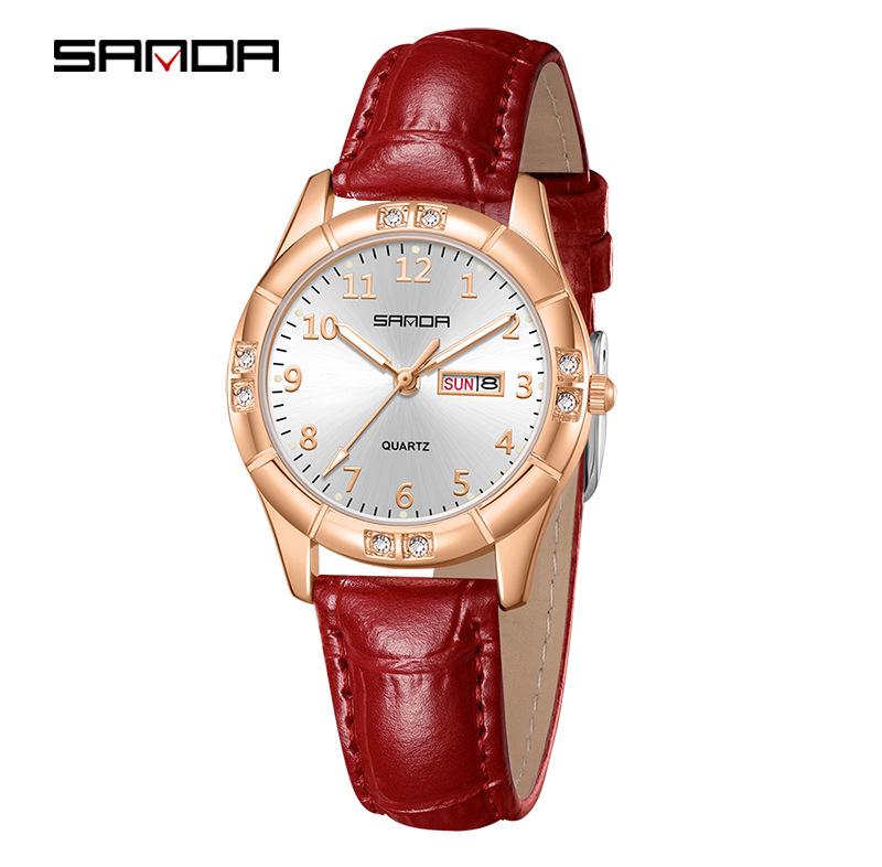 Sanda Women s Luminous Leather Quartz Watch: Waterproof, Slim, Fashionable with Dual Calendar.