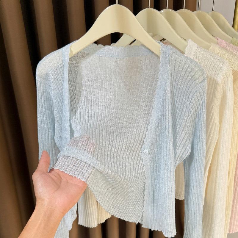 Light and thin knitted sunscreen cardigan for women with suspender skirt in summer, ice silk short small shawl slightly transparent blouse for women