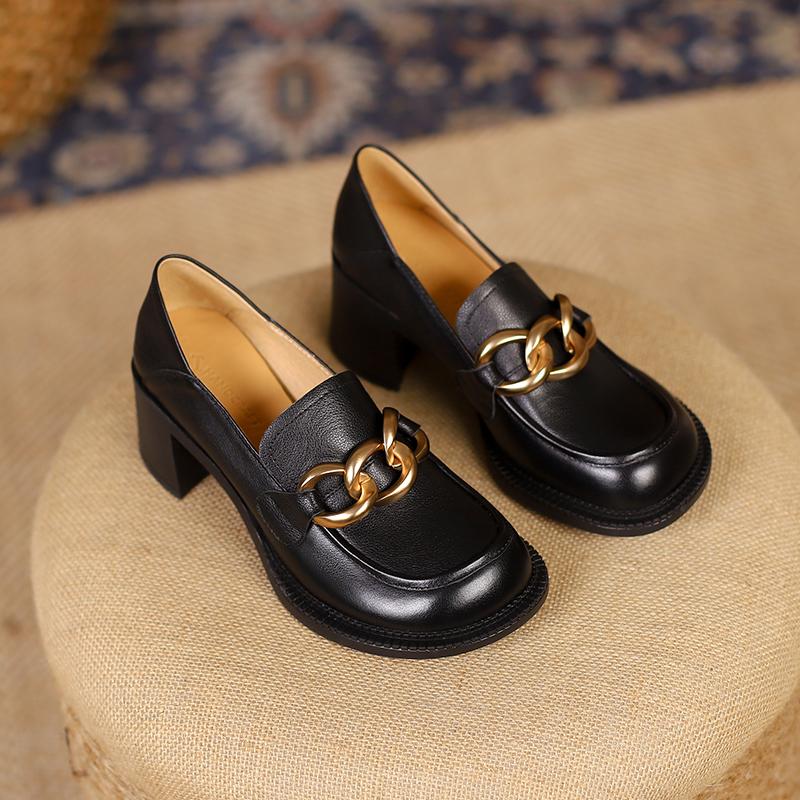 Escarpins pour femmes en cuir de vachette entièrement en cuir avec chaîne en métal mocassins chaussures chaussures paresseuses