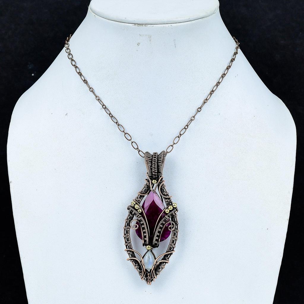 Ruby & Moonstone 999 Copper Wire Wrapped Pendant, Handmade Gemstone Tree Of Life Pendant Jewelry, Gifts For Wife Brand New Pendant