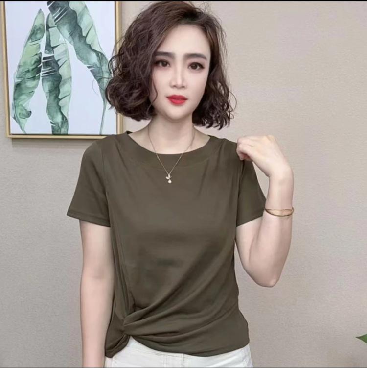 Women's summer casual loose irregular design short sleeved T-shirt solid color simple commuting top