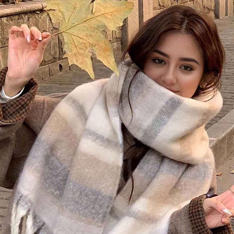 Winter Warm Maillard Scarfs for Women,Windproof Insulation Fashionable Plaid Scarf,Long Blanket Scarf,Winter Fleece Shawls Wrap
