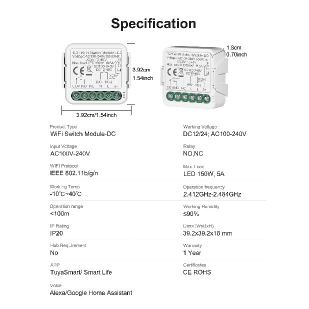 GIRIER Tuya Smart Dry Contact Switch Module WiFi DIY Breaker Relay Supports DC5V/12-48V AC100-240V Input/Output Works with Alexa